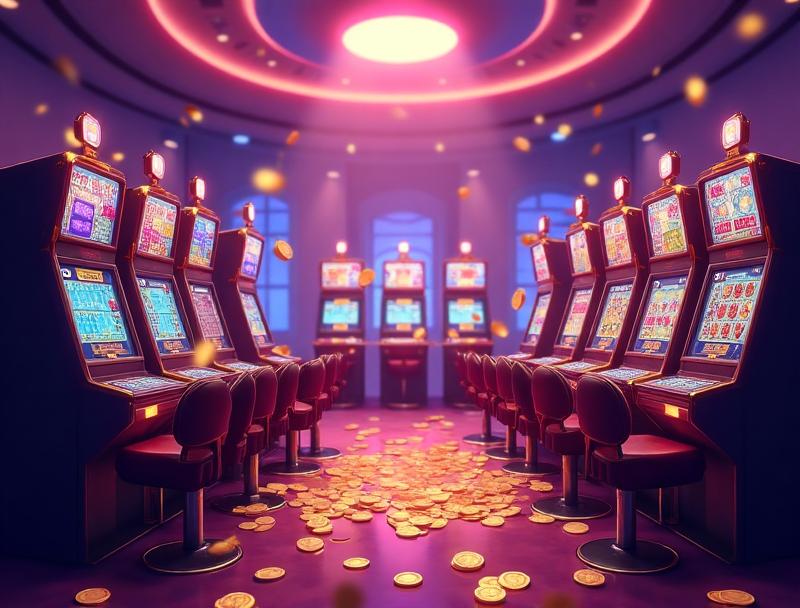 Illustration of casino slot machines with golden coins and sparkling effects