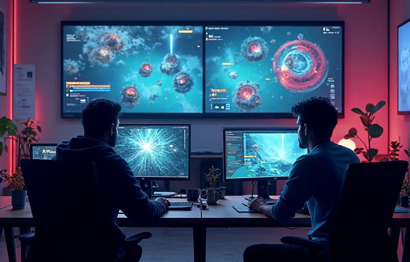 Modern game development studio with team members collaborating around screens