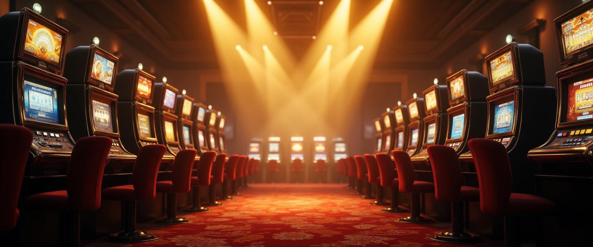 Dramatic casino environment with golden light beams and slot machines