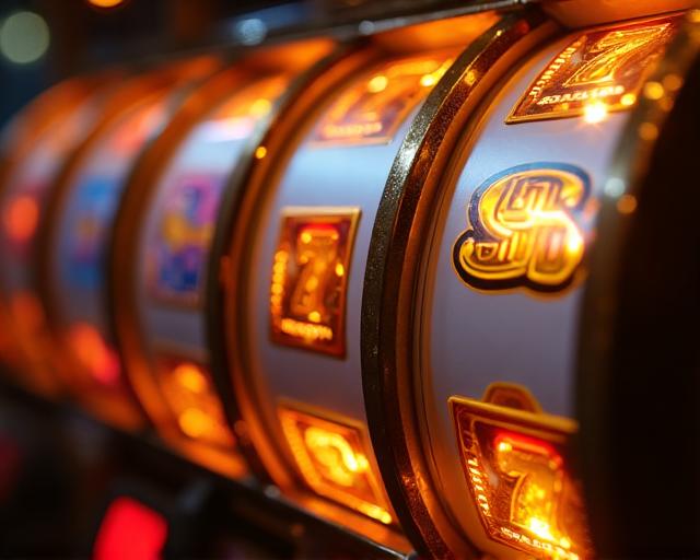 Slot machine reels spinning with wild symbols and scatter bonus icons