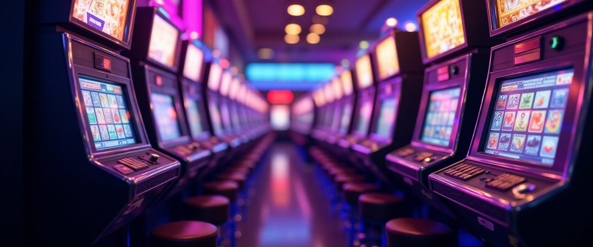 Neon-lit casino floor with slot machine rows and dramatic lighting