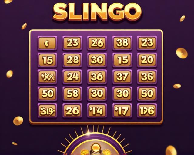 Slingo game board with 5x5 grid showing marked numbers and spinning reels